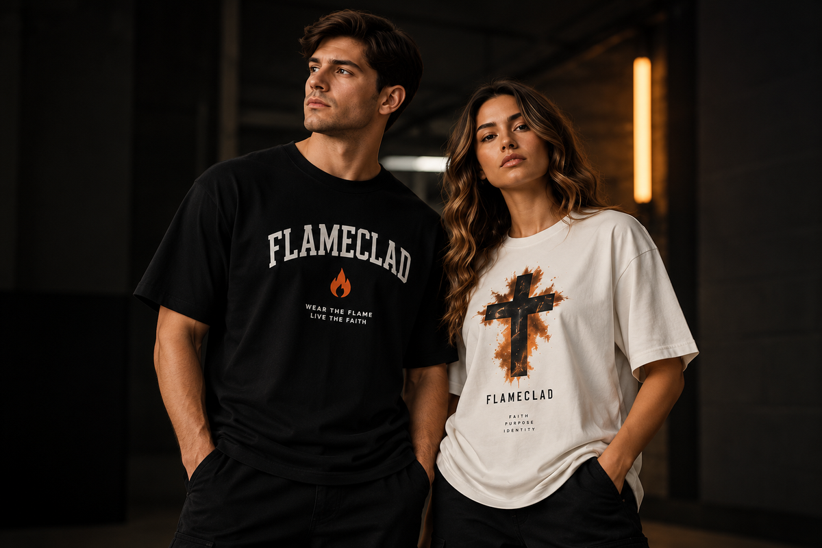 FLAMECLAD campaign: a man in a black graphic T-shirt and a woman in a white graphic T-shirt against a dark background. Prints shown are campaign concepts.